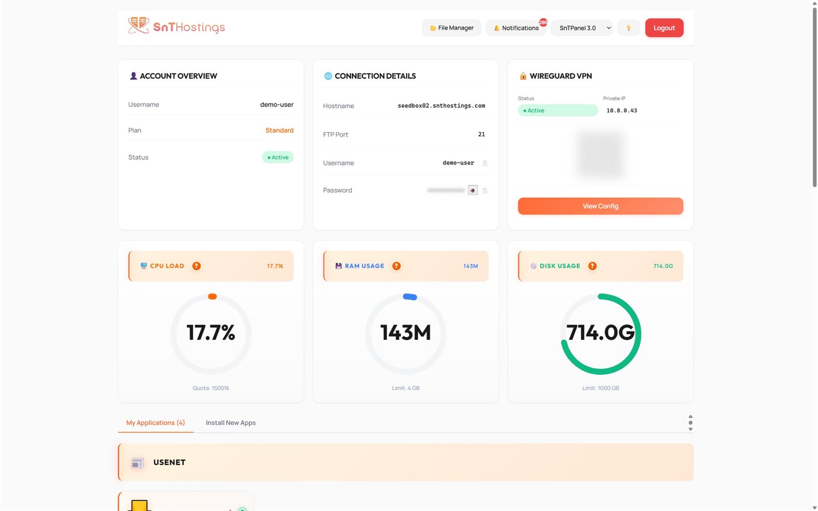 SnT 10Gbps Seedbox control panel dashboard — storage, server load and apps in one screen